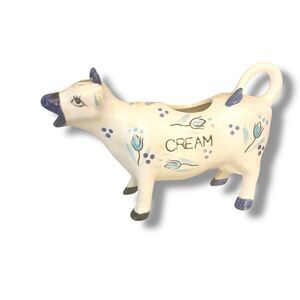 Vintage ENESCO Japan Ceramic Blue White Tulip Design Cow Creamer - Made in Japan
